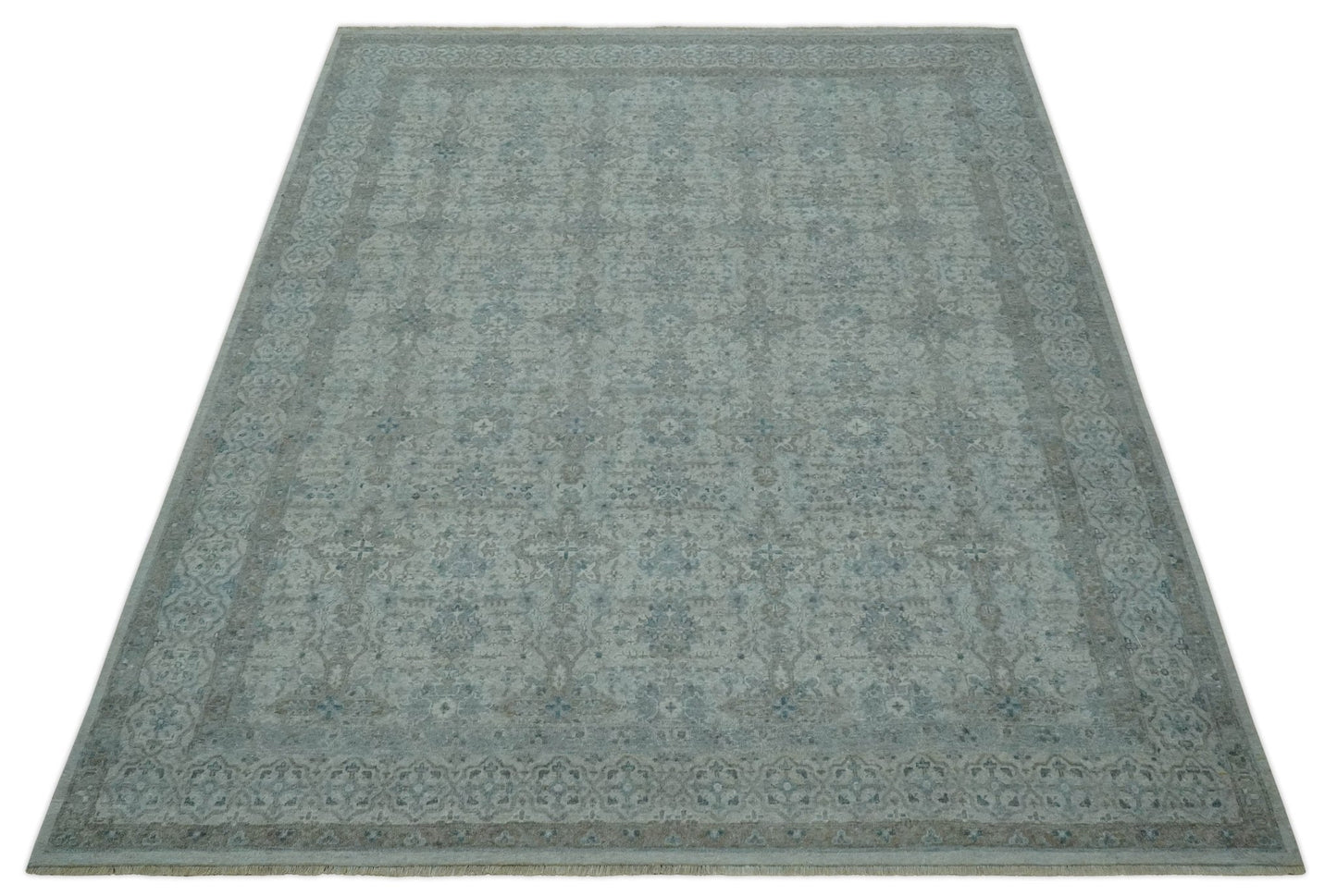Antique Distress finish Silver, Teal and Brown Hand Knotted Traditional 8x10 wool Rug
