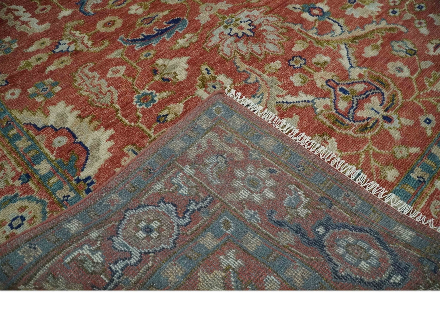 Antique Floral Style Rust, Teal, Ivory and Olive Hand Knotted Oriental Oushak 8x10 Wool Area Rug