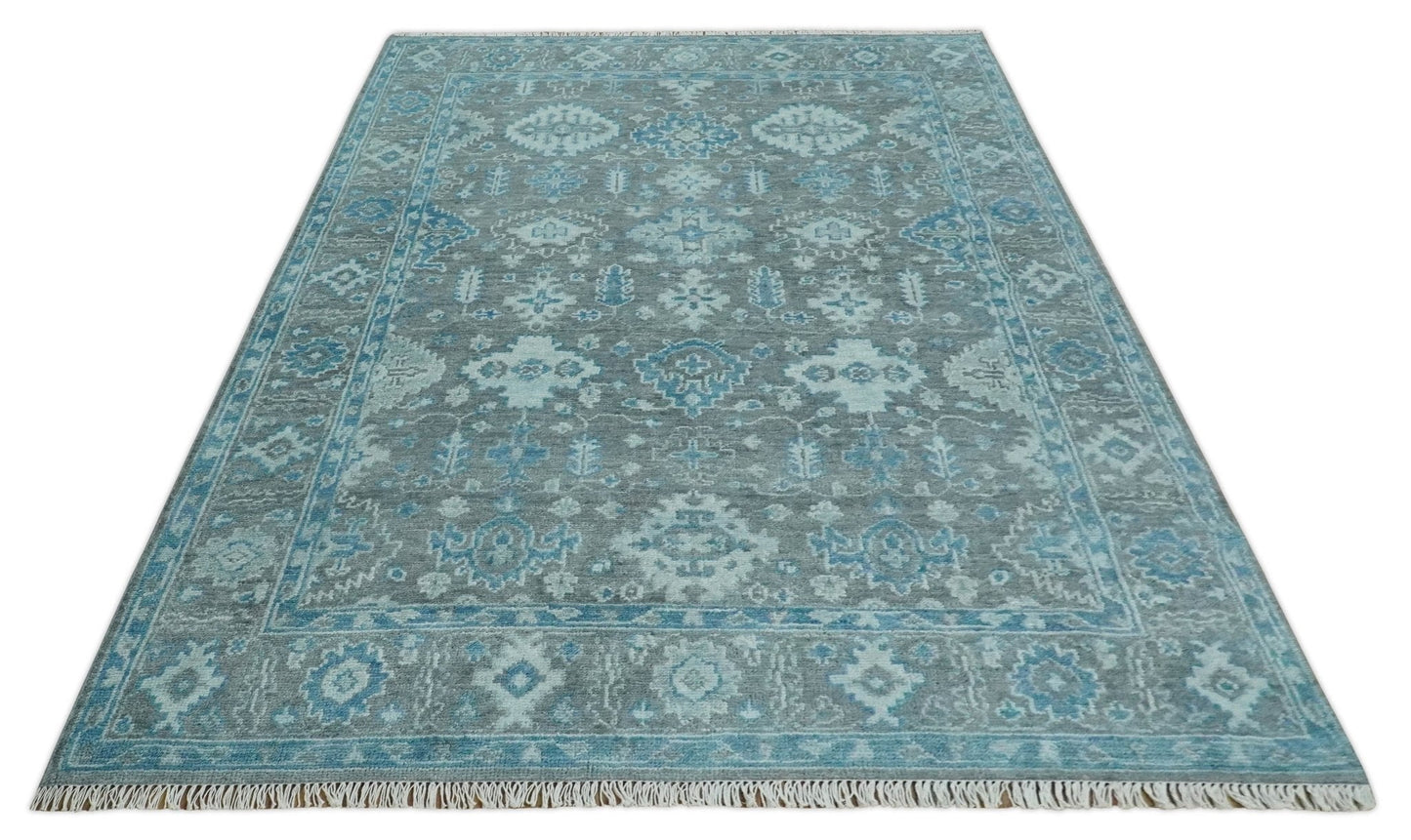 Antique Gray and Blue Hand Knotted 8x10 Oushak Turkish Wool Area Rug