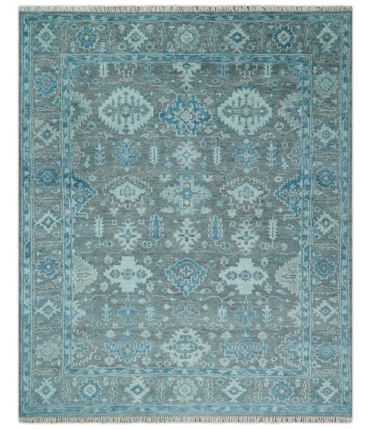 Antique Gray and Blue Hand Knotted 8x10 Oushak Turkish Wool Area Rug