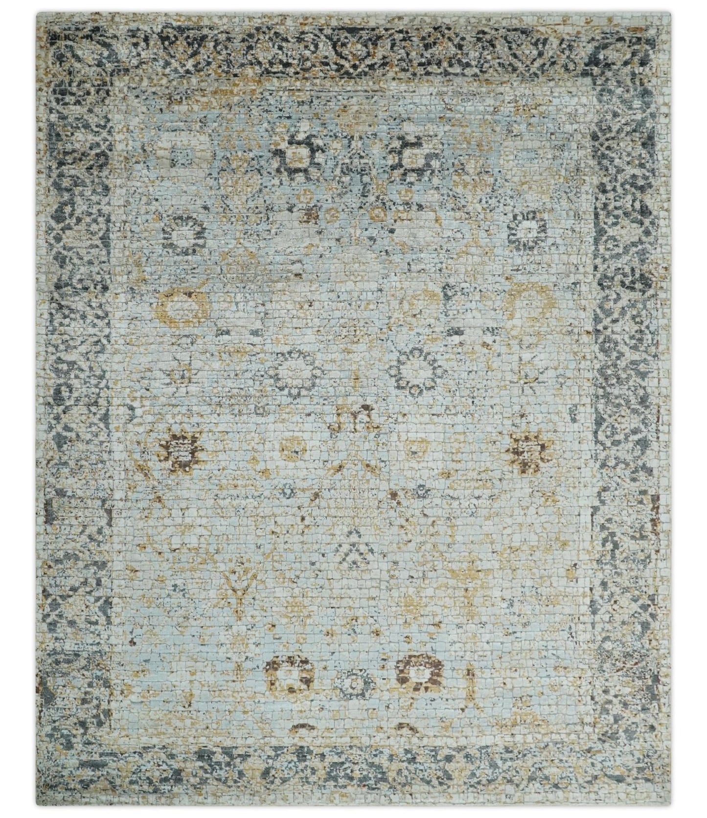 Antique look Aqua, Gold and Charcoal Hand Knotted Carved Texture Traditional Oriental Oushak 8x10 wool Area Rug