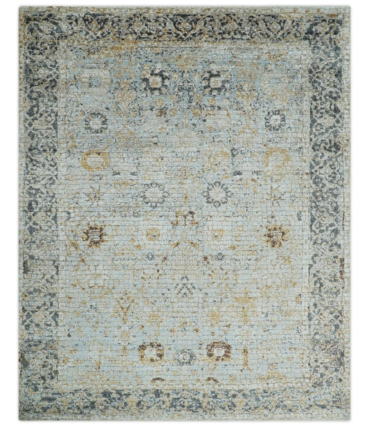 Antique look Aqua, Gold and Charcoal Hand Knotted Carved Texture Traditional Oriental Oushak 8x10 wool Area Rug