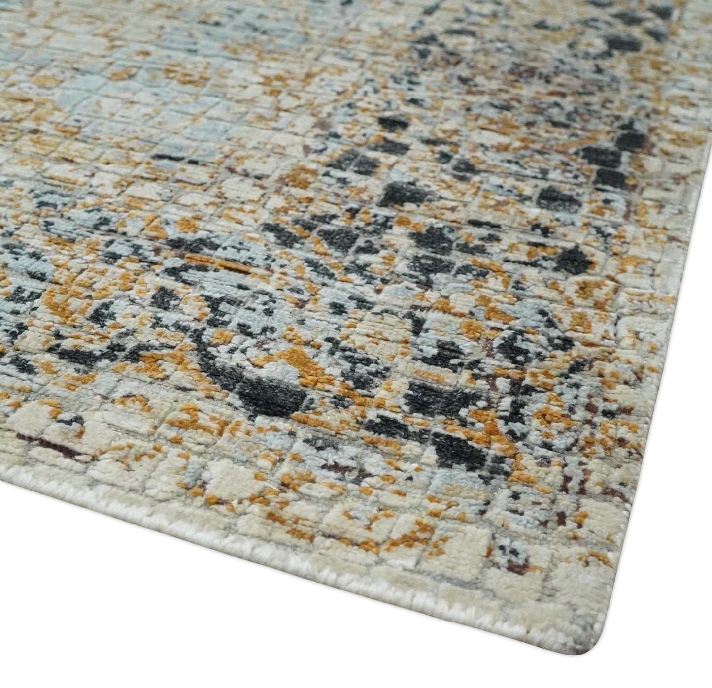 Antique look Aqua, Gold and Charcoal Hand Knotted Carved Texture Traditional Oriental Oushak 8x10 wool Area Rug