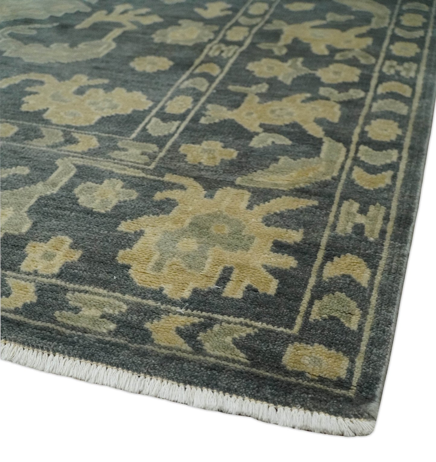 Antique Style 6x9 Hand Knotted Beige and Charcoal Traditional Wool Rug | N35669