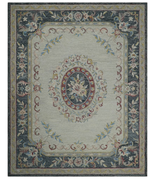 Antique Style Beige and Charcoal Aubusson design Hand Tufted 8x10 wool Area Rug