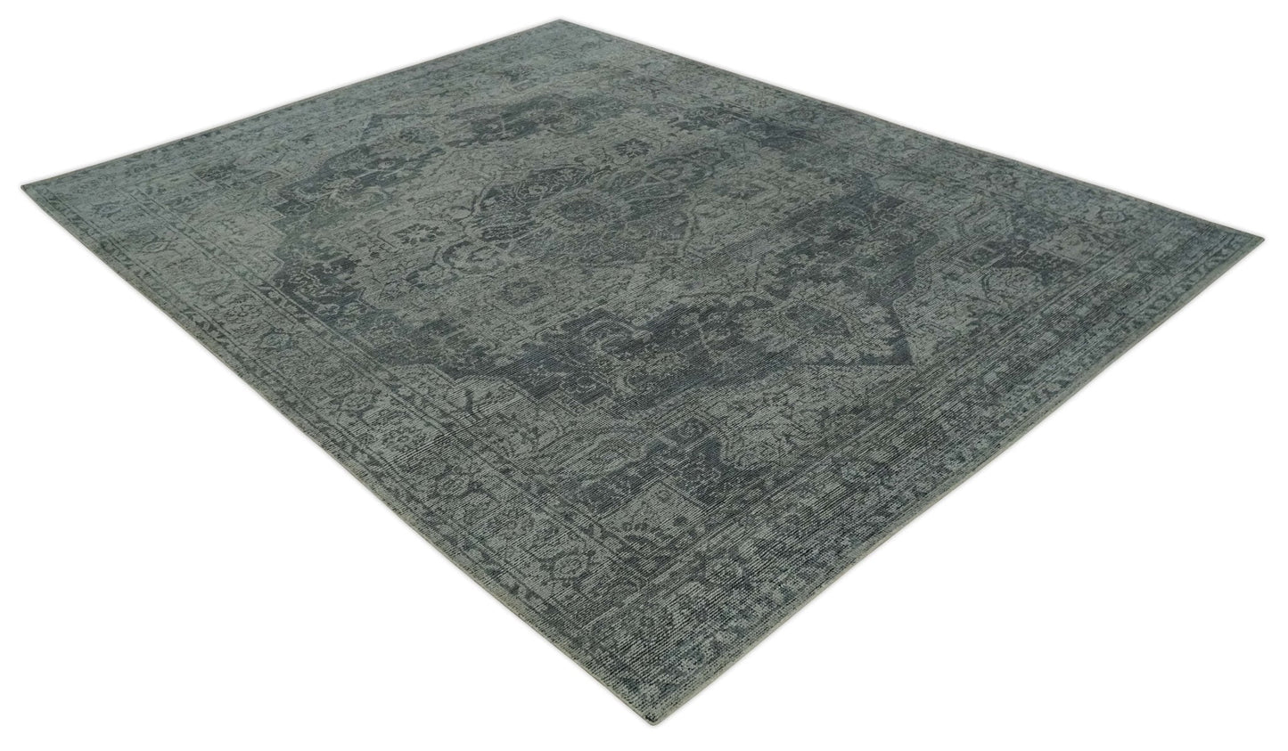 Antique Style Charcoal and Silver Traditional Heriz Medallion 8x10 wool Area Rug
