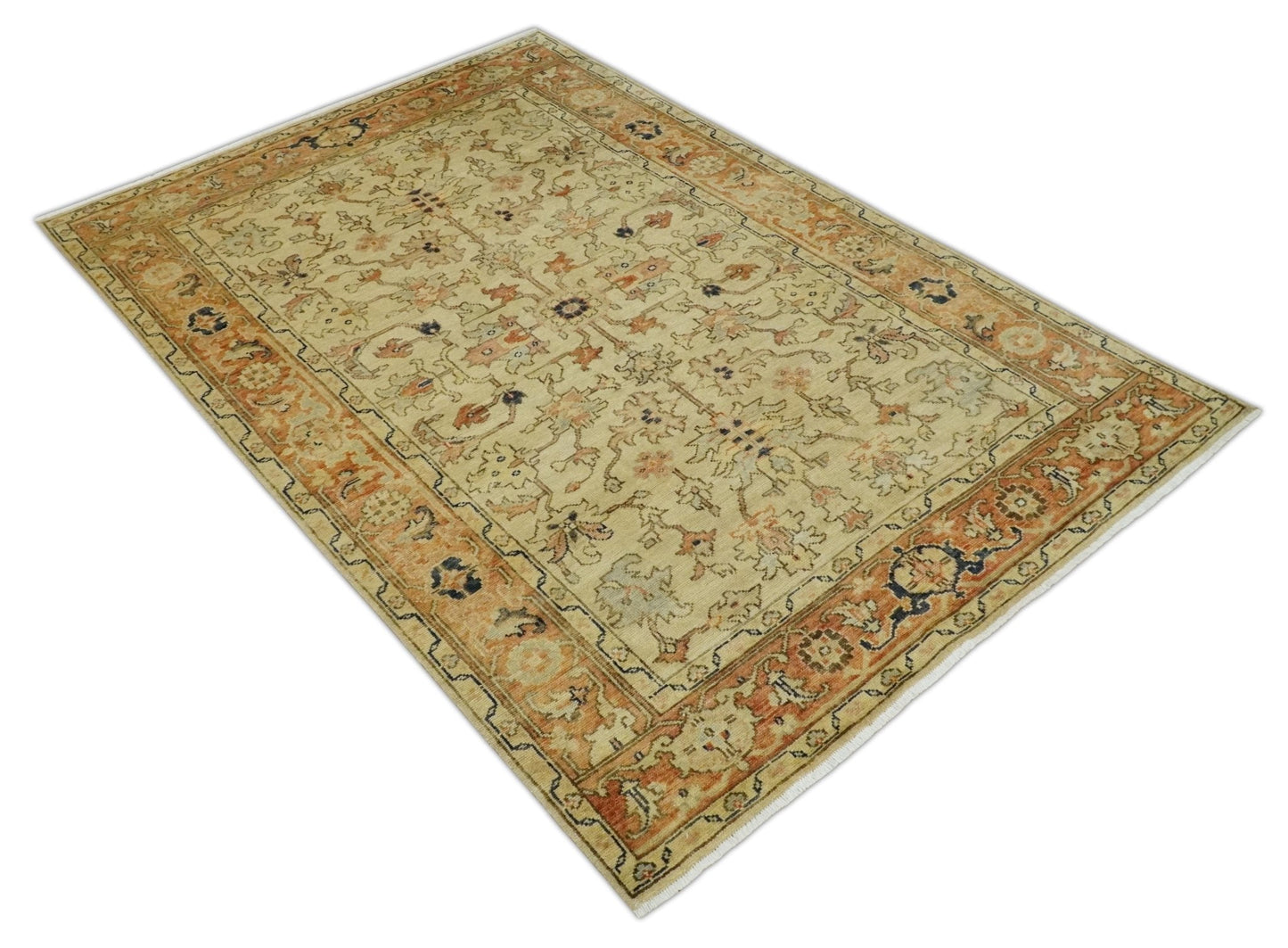 Antique Style Empress Tabriz 6x8 Hand Knotted Beige and Rust Modern Traditional Wool Rug | N35368