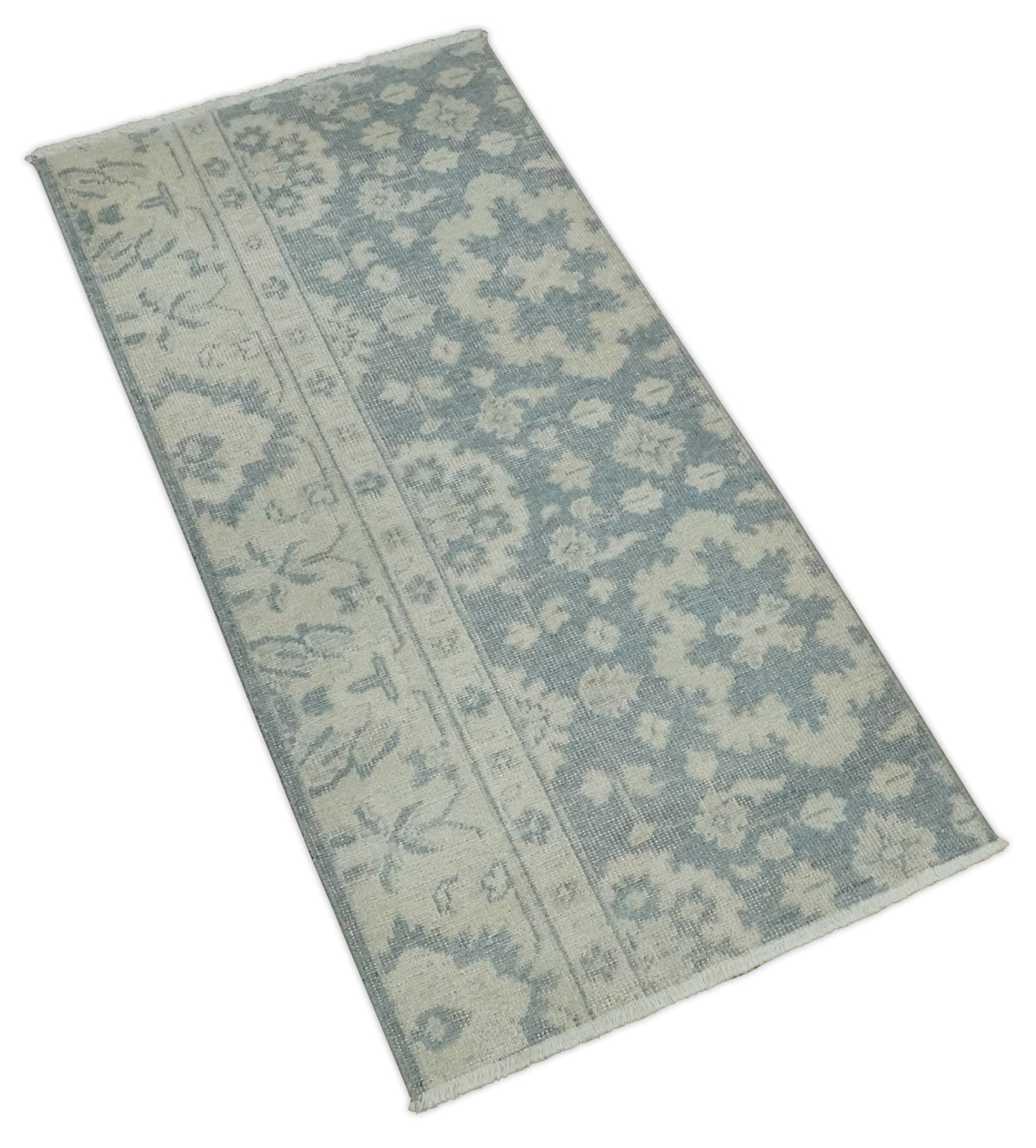 Antique Style Ivory and Charcoal Hand Knotted Traditional Oushak 2x4 wool Bedside Rug