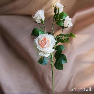 Faux Artificial Flower Silk 4 Rose Bloom Stem in Champagne Color 31" Tall
