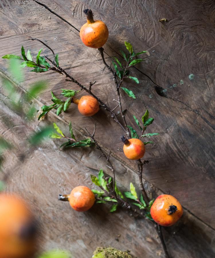 Artificial Fruit Yellow Orange Pomegranate Fruit Stem 36" Tall