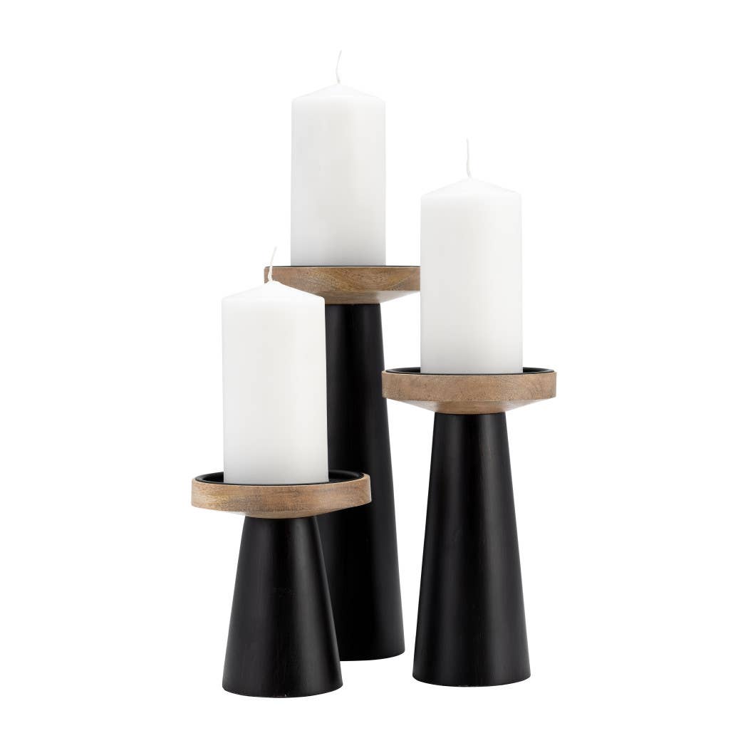 Wood Flat Pillar Candle Holder Stand - Black/Natural, 12 in.