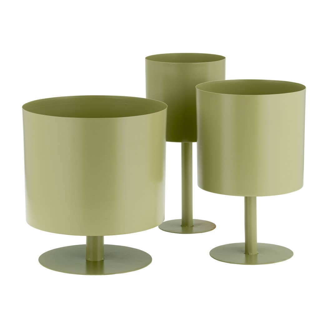 Metal Cylindrical Planter Pot on Round Base - Green, 6 in.