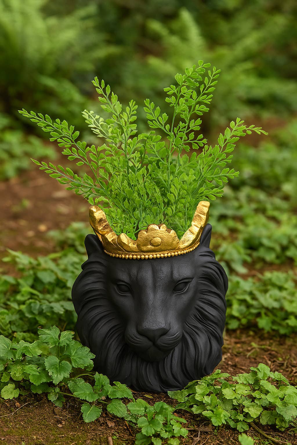Resin Regal Lion Head Planter with Crown - Black, 9 in.