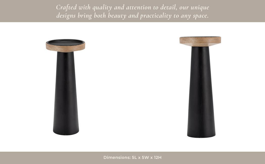 Wood Flat Pillar Candle Holder Stand - Black/Natural, 12 in.