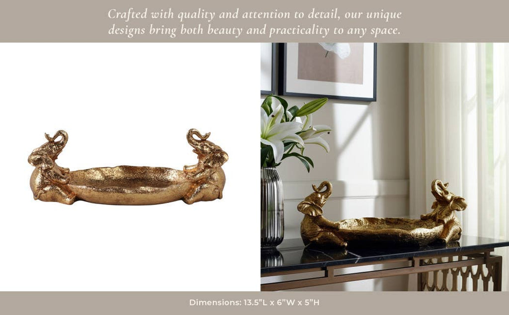 Resin Two Elephant Figurines Holding Bowl - Gold, 14 in.