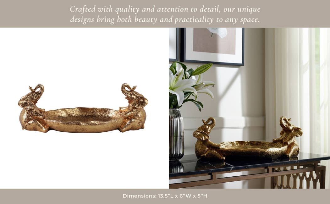 Resin Two Elephant Figurines Holding Bowl - Gold, 14 in.
