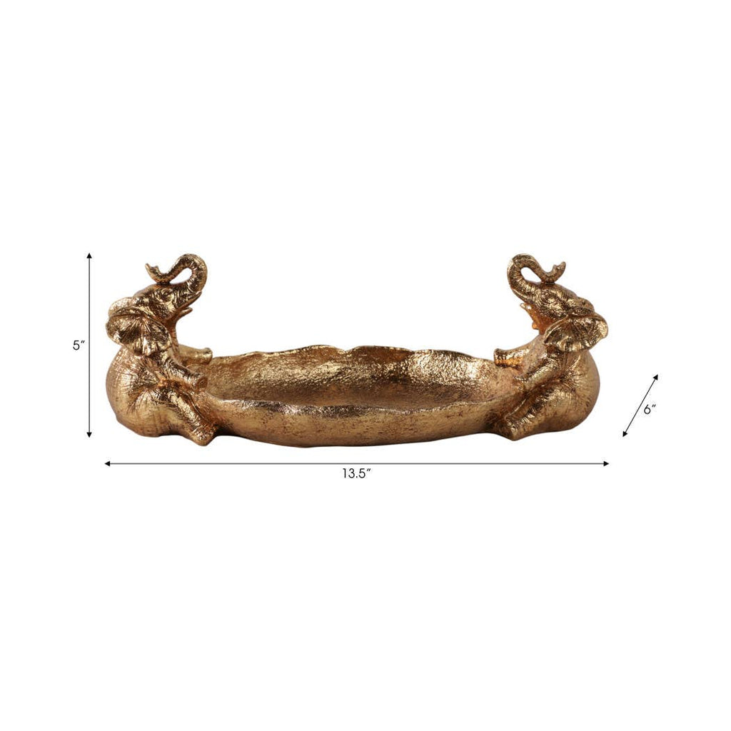 Resin Two Elephant Figurines Holding Bowl - Gold, 14 in.