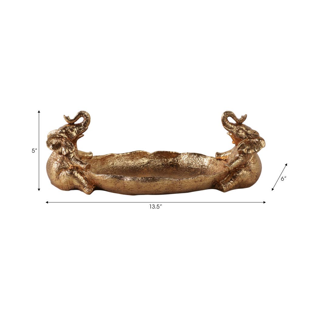 Resin Two Elephant Figurines Holding Bowl - Gold, 14 in.