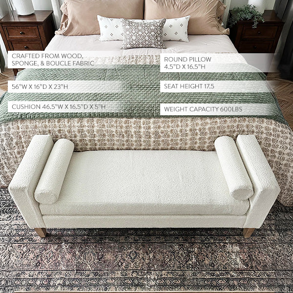 56 Inch Modern Boucle Accent Bench with Round Pillows
