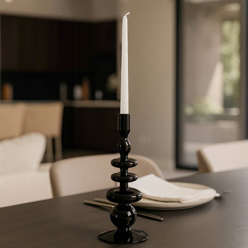 Glass Vintage Bubble Taper Candle Holder - Black, 11 in.