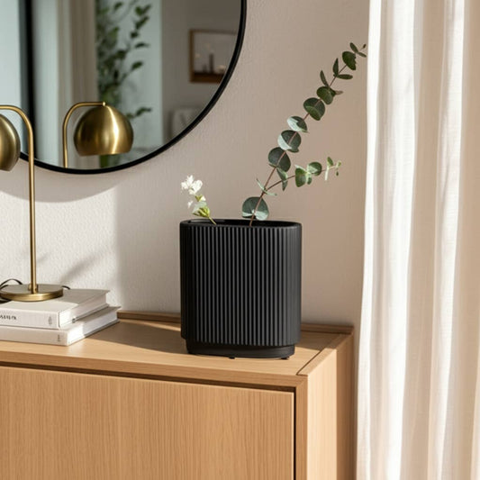 Ceramic Modern Ridged Decorative Vase - Black, 8 in.