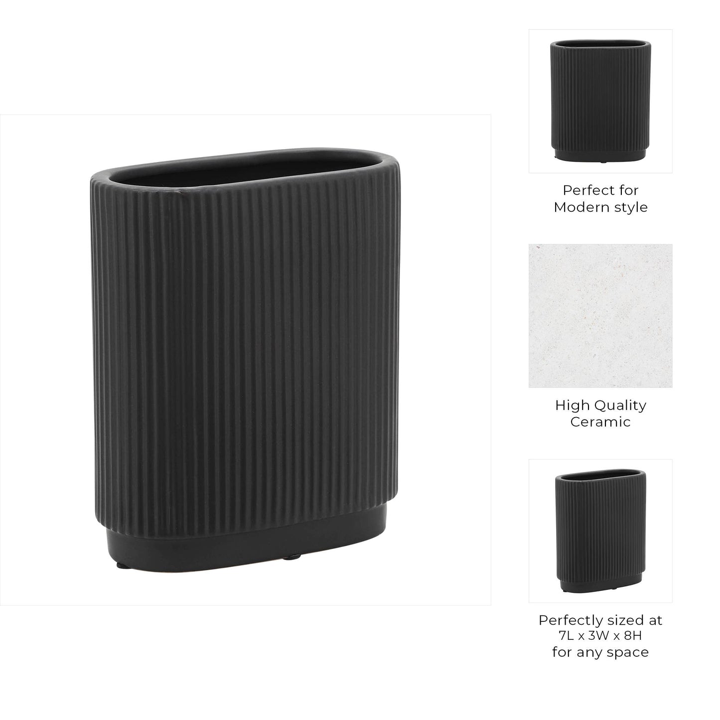 Ceramic Modern Ridged Decorative Vase - Black, 8 in.
