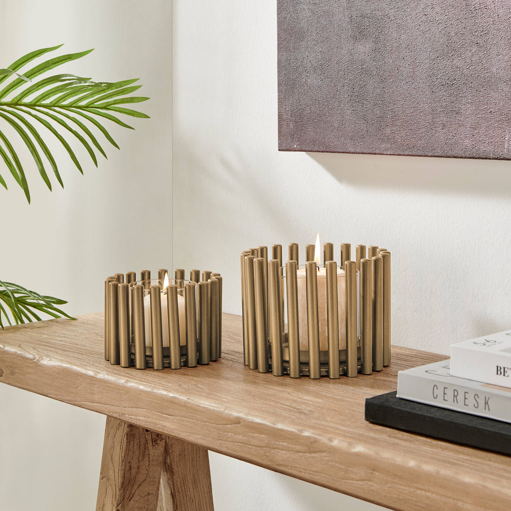 Pela Pillar Ring Warm Gold Modern Candle Holders - Set of 2