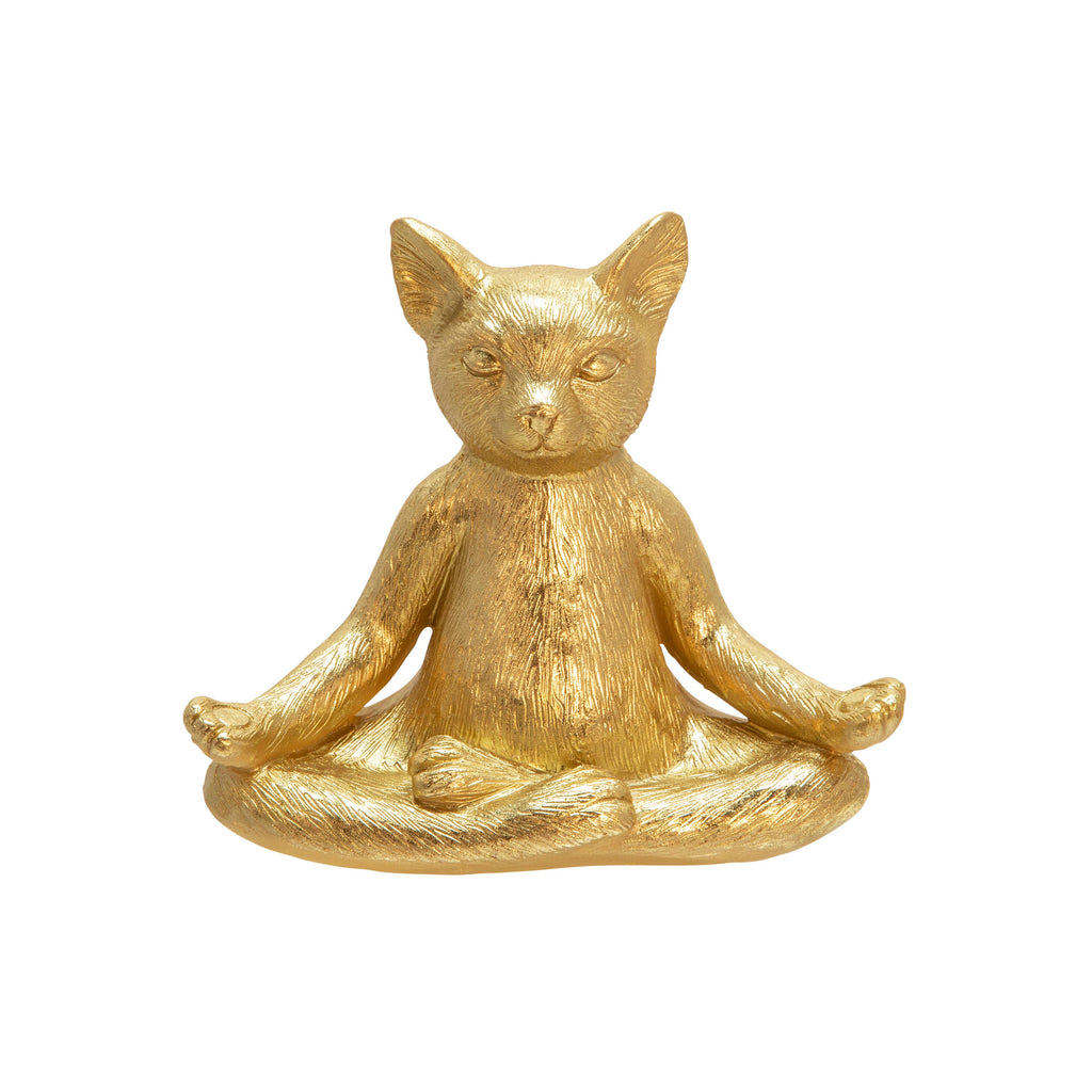 Resin Modern Cat Figurine in Meditative Pose - Gold, 7 in.