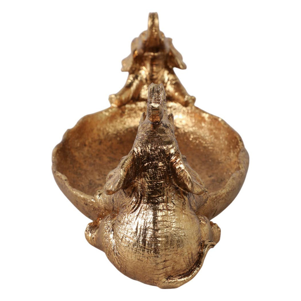 Resin Two Elephant Figurines Holding Bowl - Gold, 14 in.