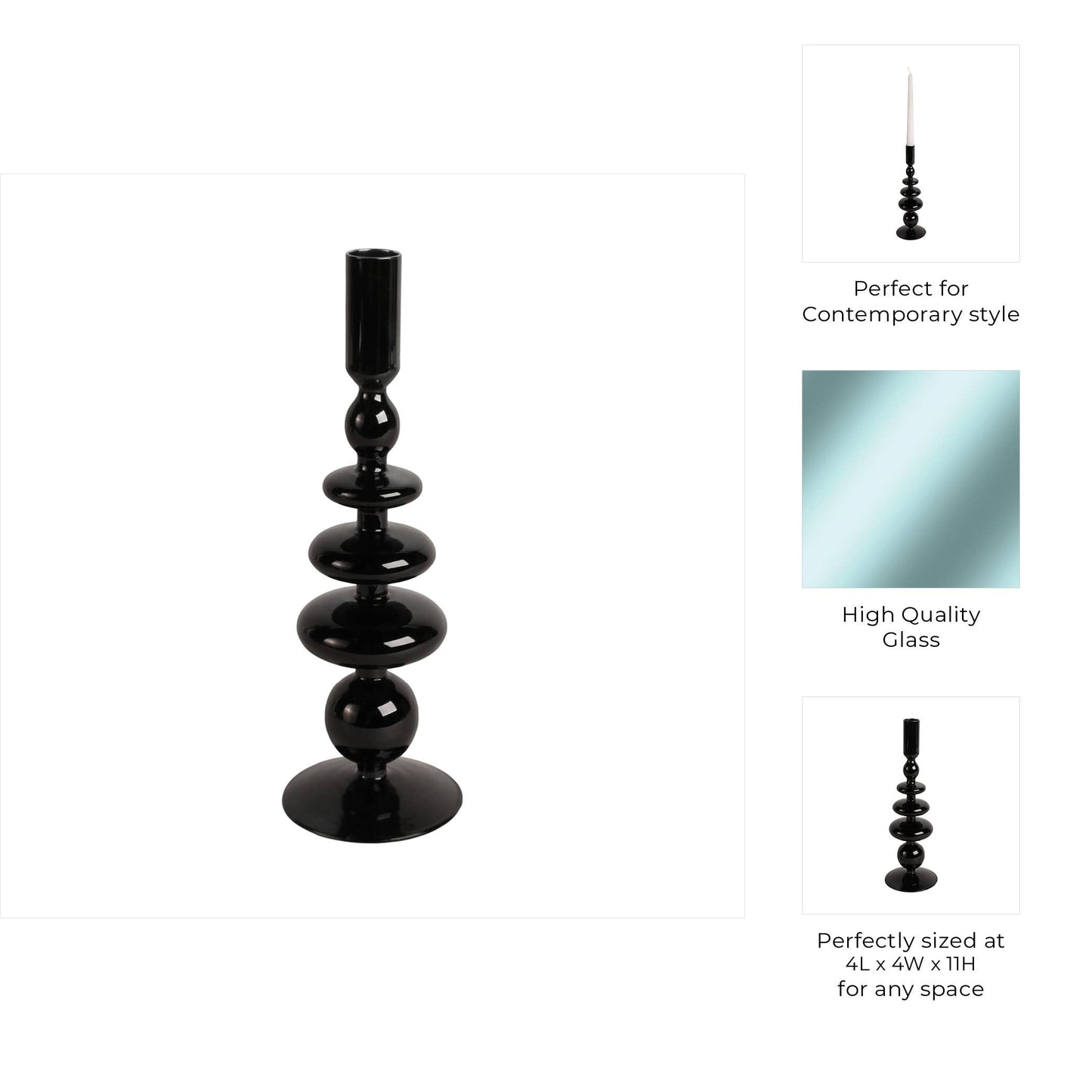 Glass Vintage Bubble Taper Candle Holder - Black, 11 in.