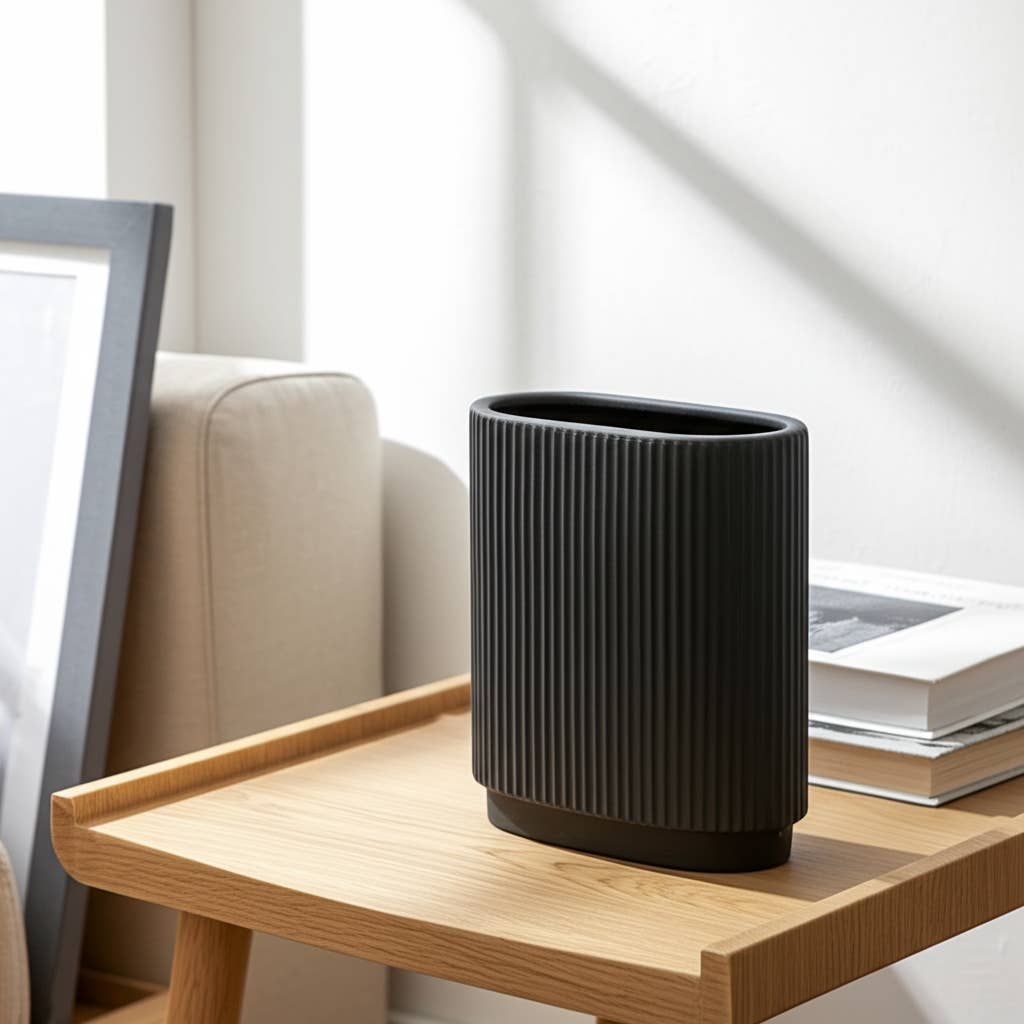 Ceramic Modern Ridged Decorative Vase - Black, 8 in.