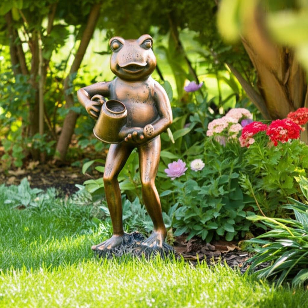 Resin Frog and Watering Can Garden Statue - Bronze, 10 in.