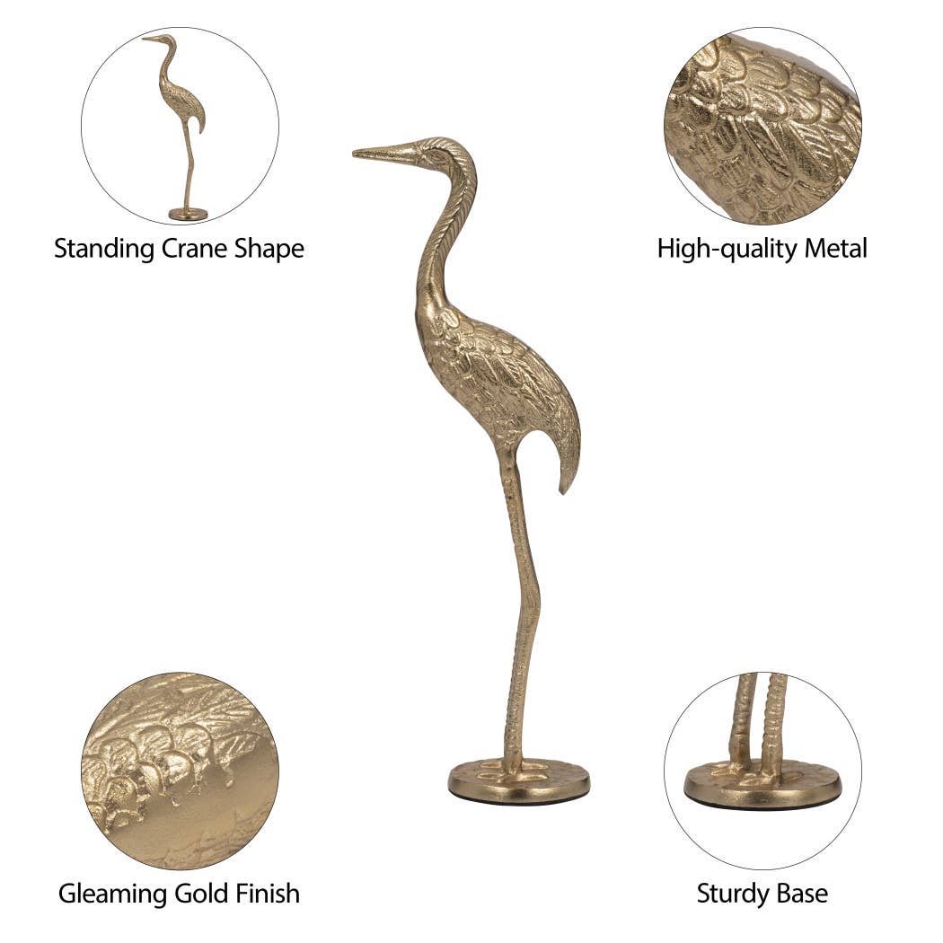 Metal Standing Crane Gleaming Finish Figurine - Gold, 16 in.