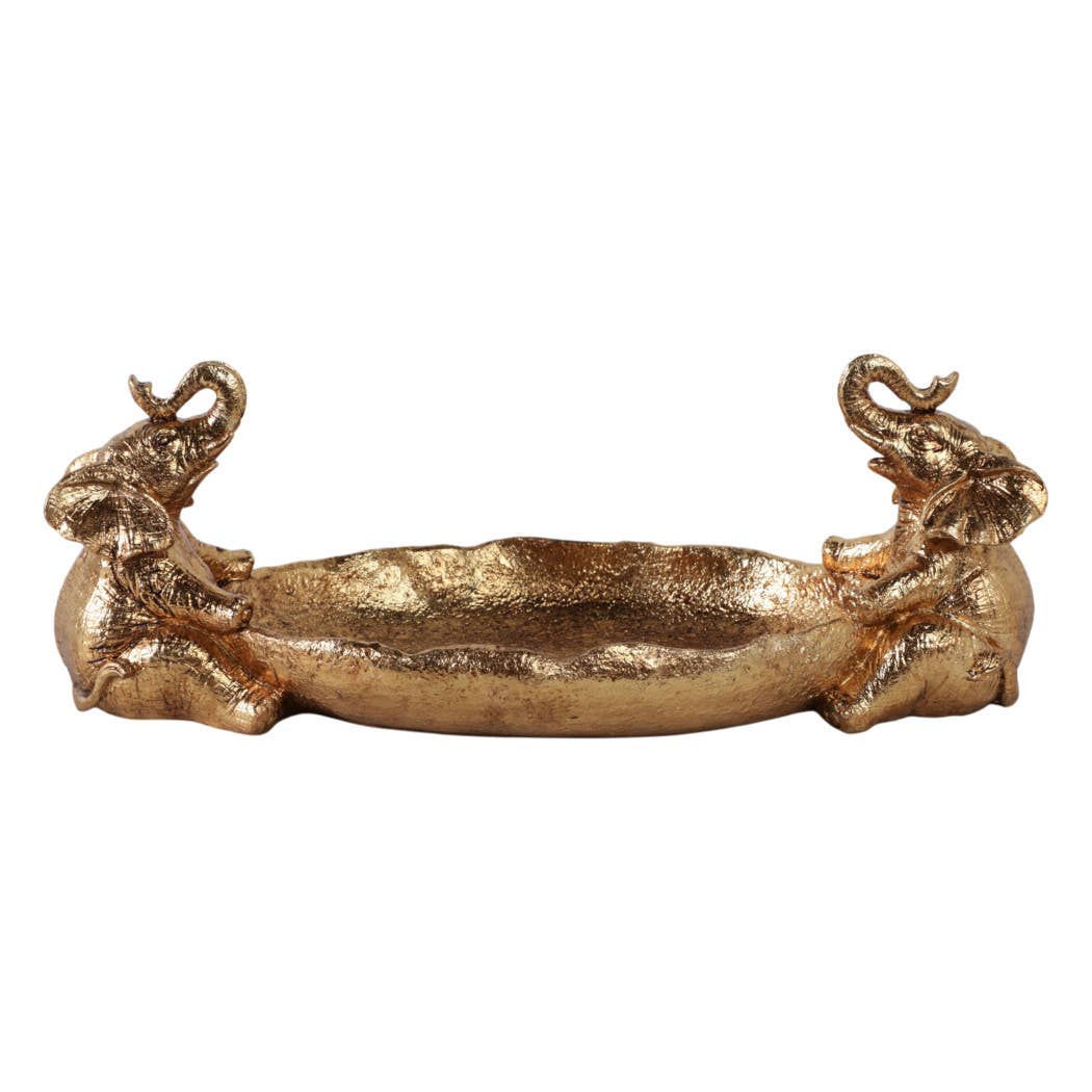 Resin Two Elephant Figurines Holding Bowl - Gold, 14 in.