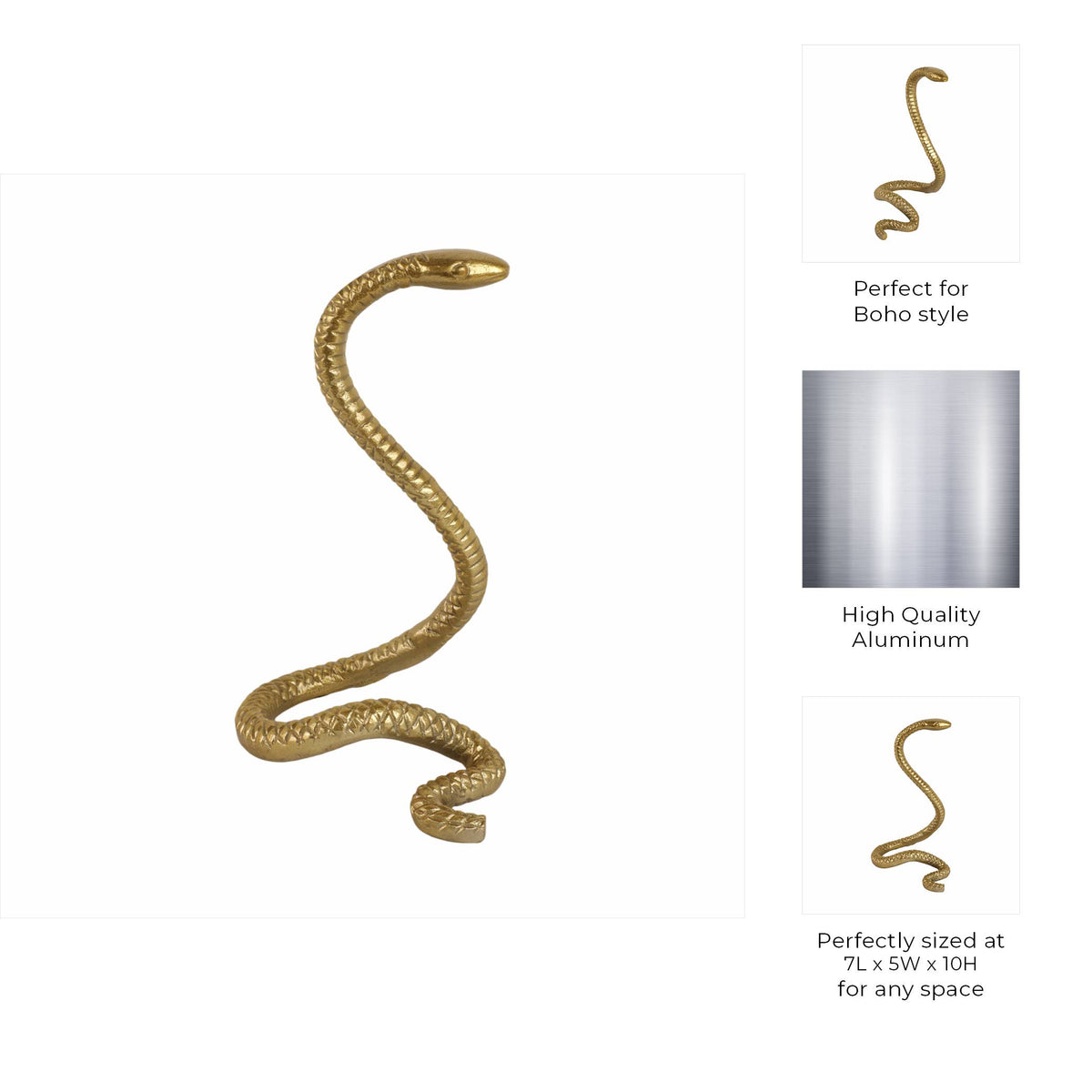 Metal Solid Tall Snake Decorative Figurine - Gold, 10 in.