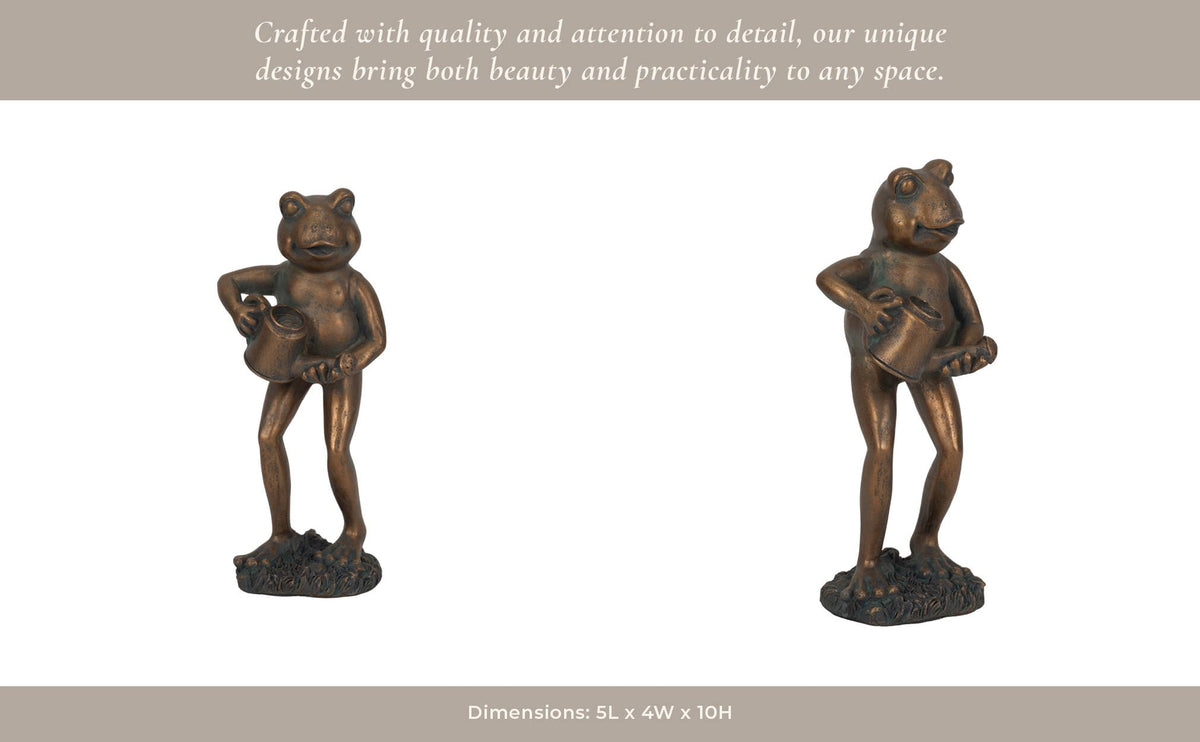 Resin Frog and Watering Can Garden Statue - Bronze, 10 in.