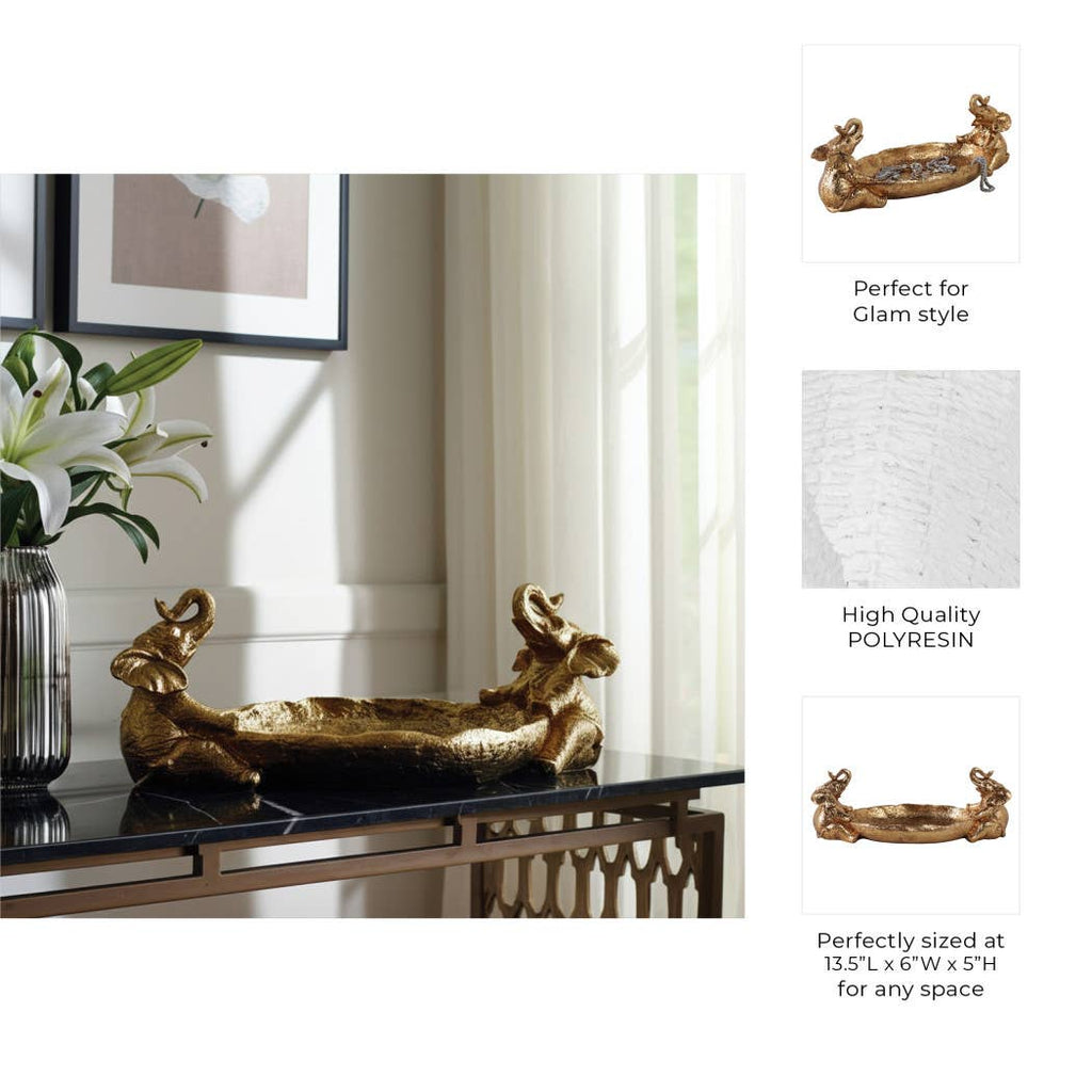 Resin Two Elephant Figurines Holding Bowl - Gold, 14 in.