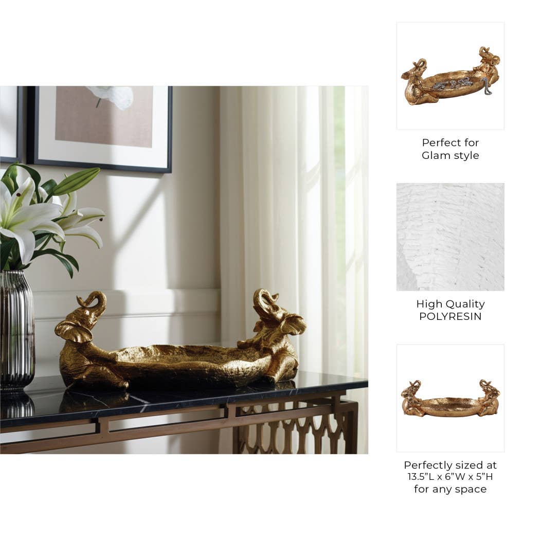 Resin Two Elephant Figurines Holding Bowl - Gold, 14 in.