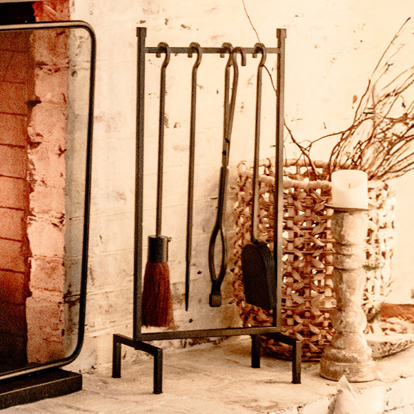 4 Piece Black Iron Fireplace Tool Set