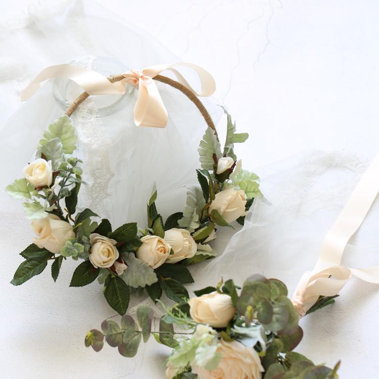 Floral Hoop Artificial White Rose with Green Leaves 9" D
