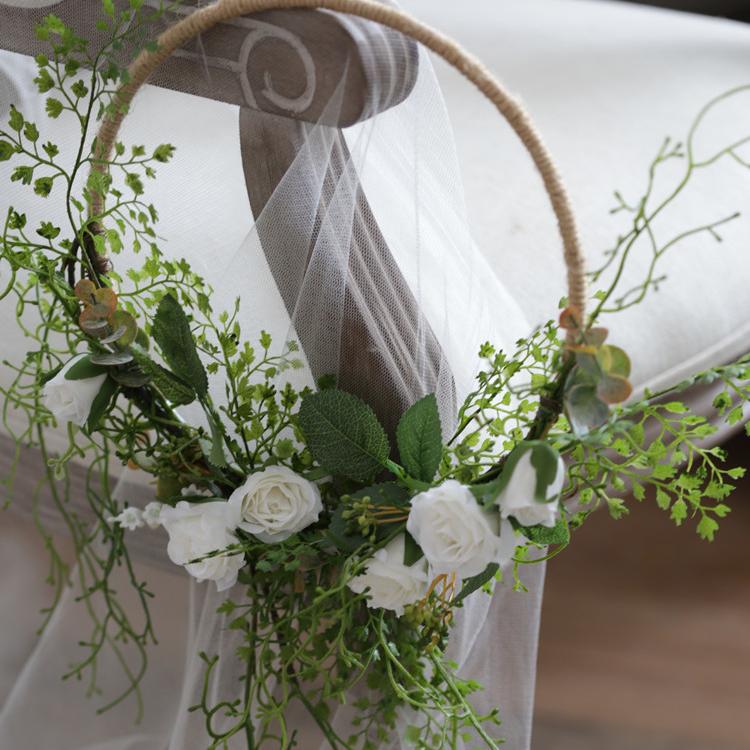 Floral Hoop Artificial White Rose with Greenery Ferns 9" D