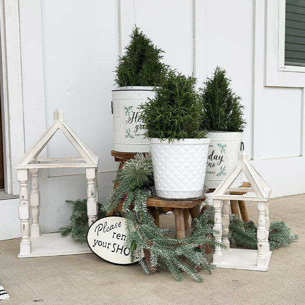 Distressed White Turned Wooden Open Lanterns, Set of Two