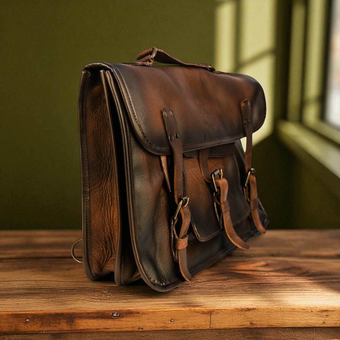 Bovine Leather Twin Strap Laptop Bag - Brown