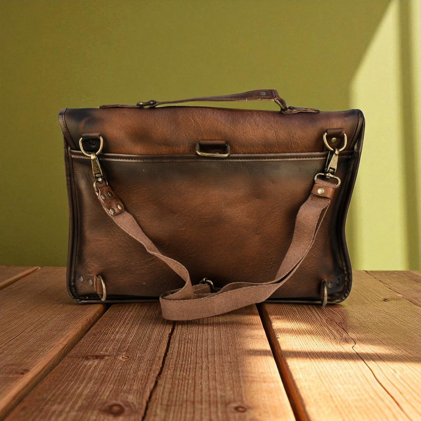 Bovine Leather Twin Strap Laptop Bag - Brown