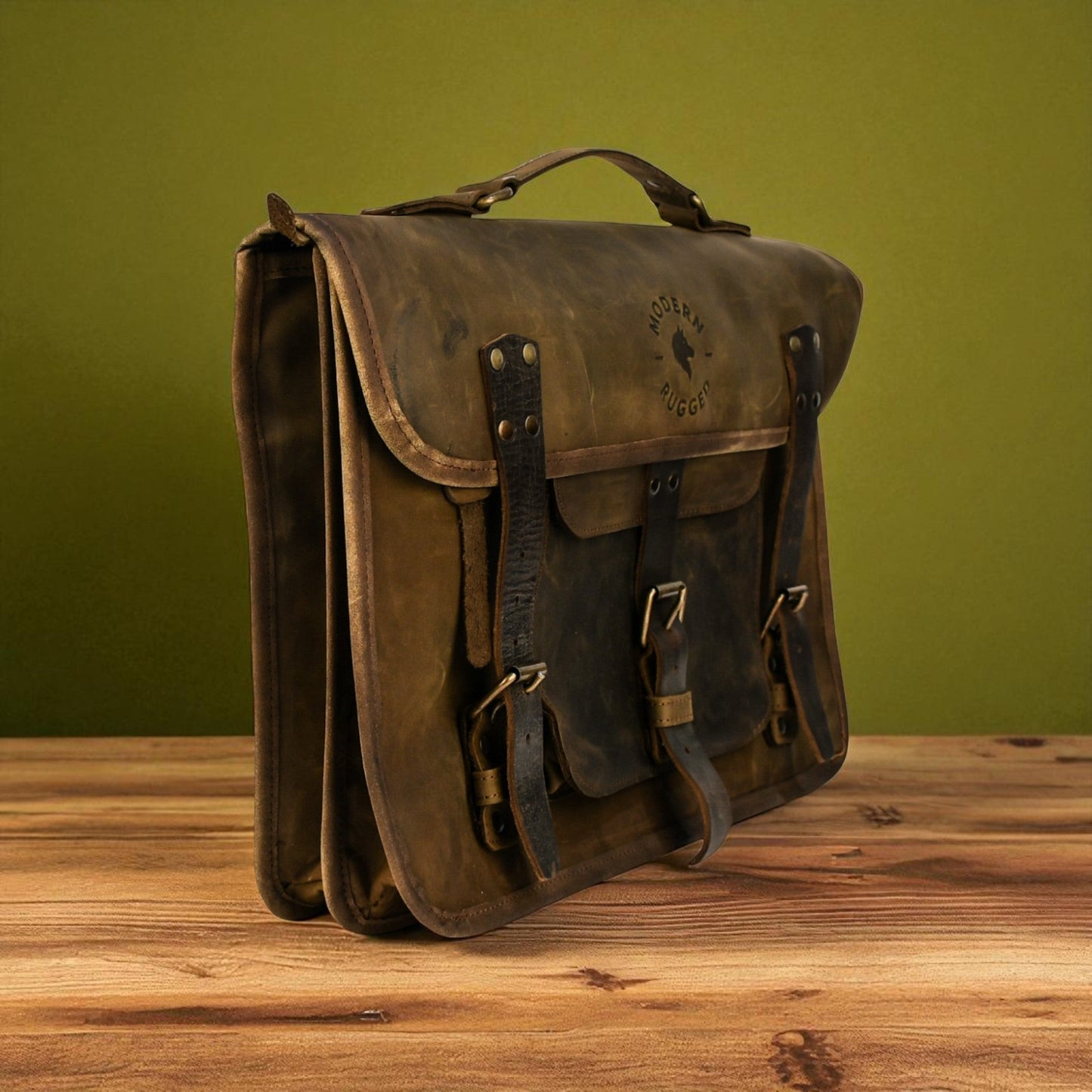 Bovine Leather Twin Strap Laptop Bag - Olive