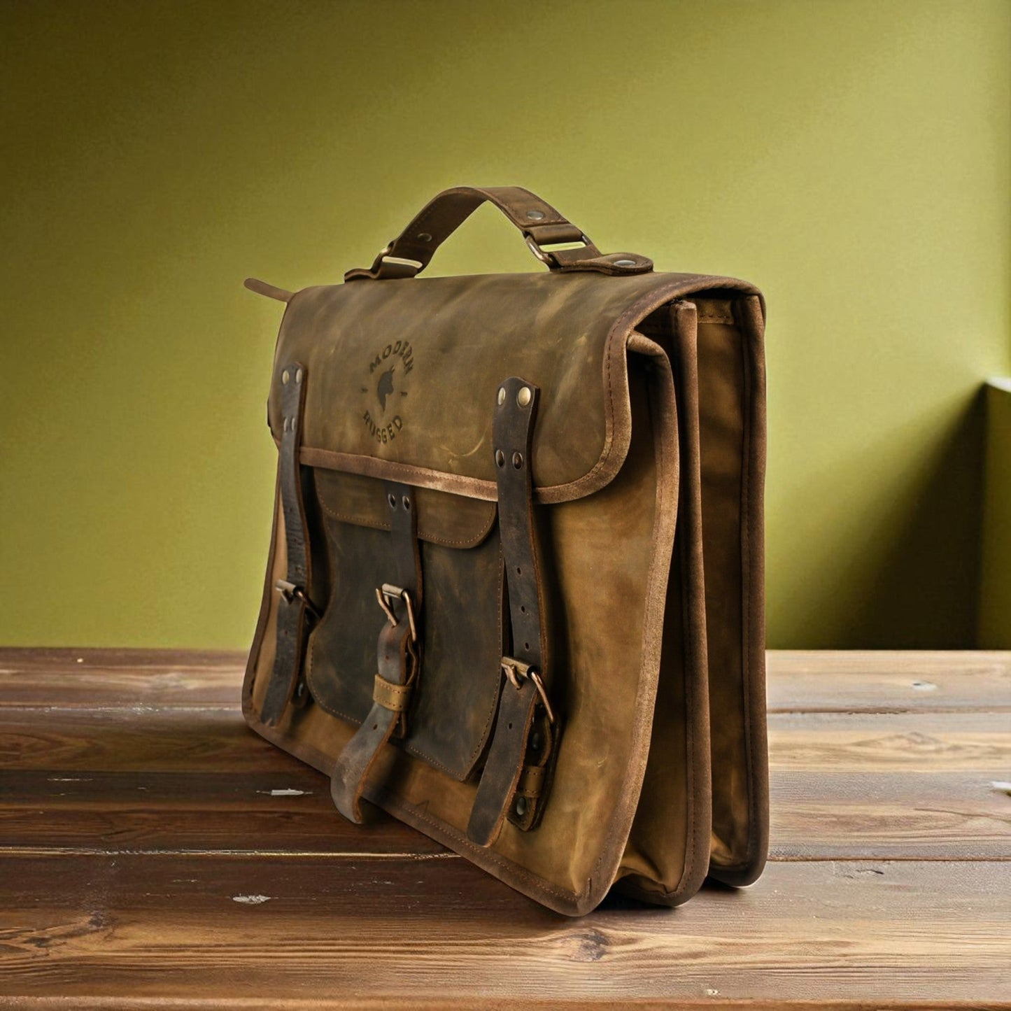Bovine Leather Twin Strap Laptop Bag - Olive
