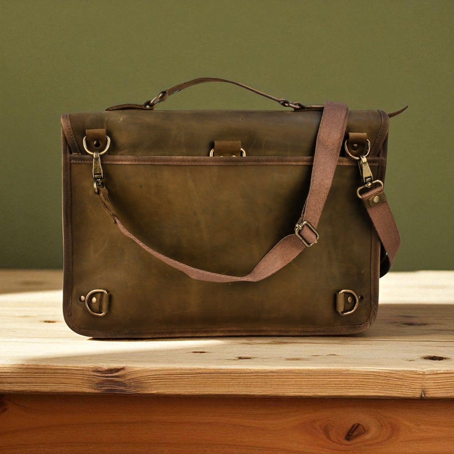 Bovine Leather Twin Strap Laptop Bag - Olive