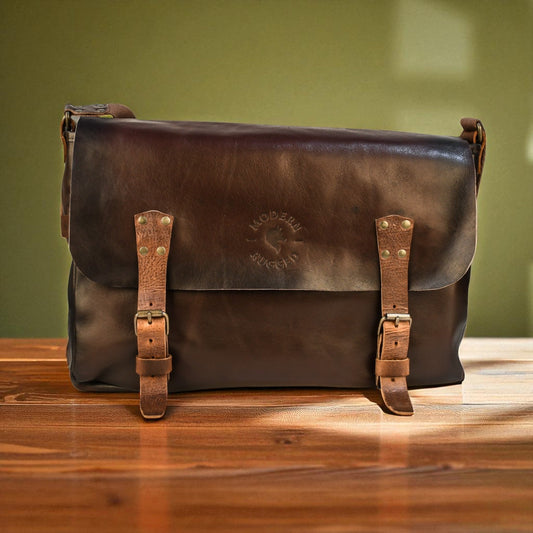 Bovine Leather Buckled Messenger Bag - Brown