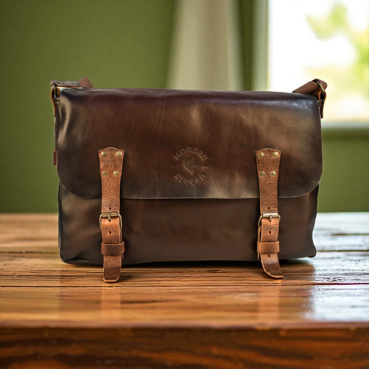 Bovine Leather Buckled Messenger Bag - Brown