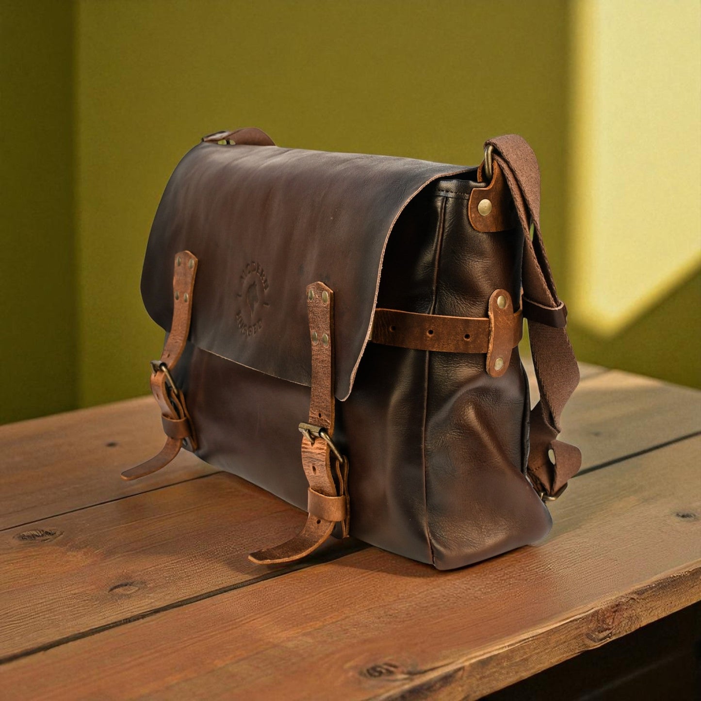 Bovine Leather Buckled Messenger Bag - Brown